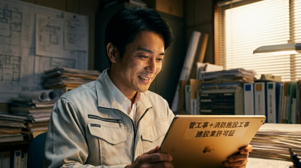 Man in a light jacket smiling while reading a tablet in a cluttered engineering office surrounded by plans and files.