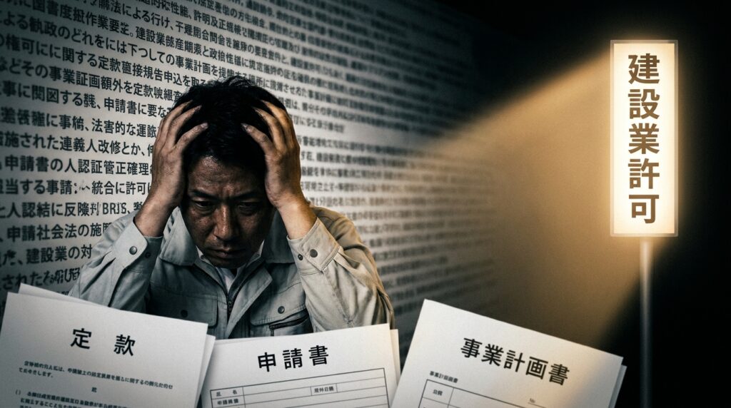 Japanese man in a jacket holds his head in distress while surrounded by documents written in Japanese; a bright sign reads 'Construction business permit' in the background.