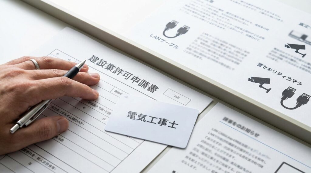 Close-up of a hand with a pen filling out a Japanese construction license application form; a name badge labeled '電気工事士' sits nearby on the desk.