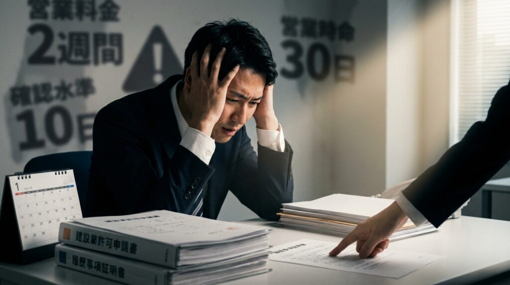 Man in a dark suit sits at a desk, hands on his head in distress, surrounded by stacked documents and a calendar in an office setting with a coworker pointing at a paper nearby.
