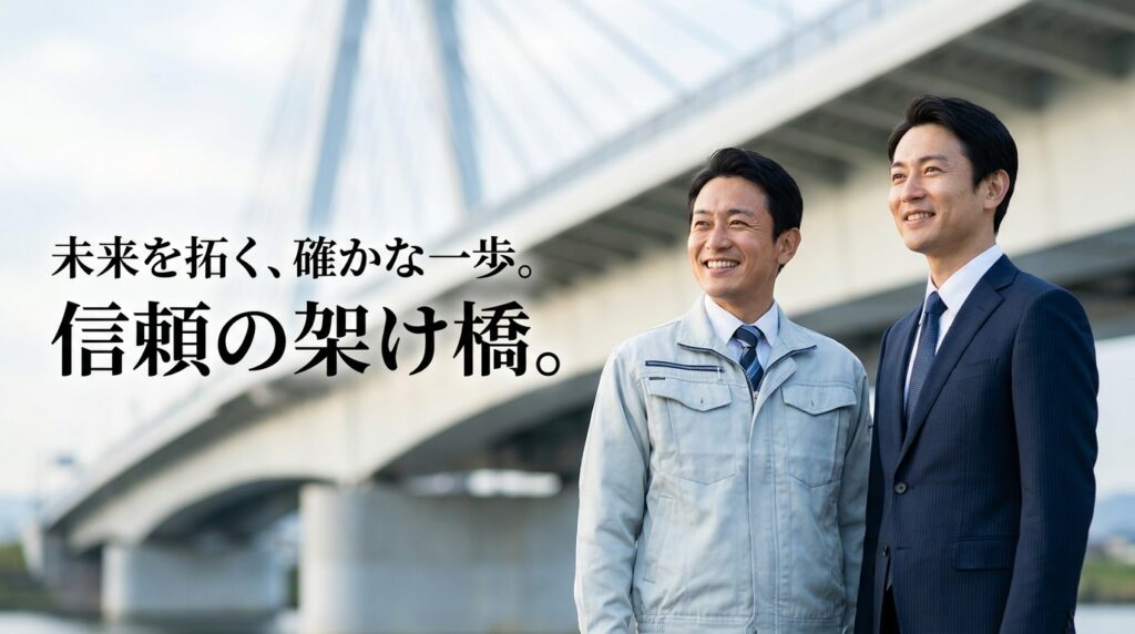 Two men stand side by side under a bridge, smiling; one in a light work jacket and the other in a dark business suit, symbolizing partnership.