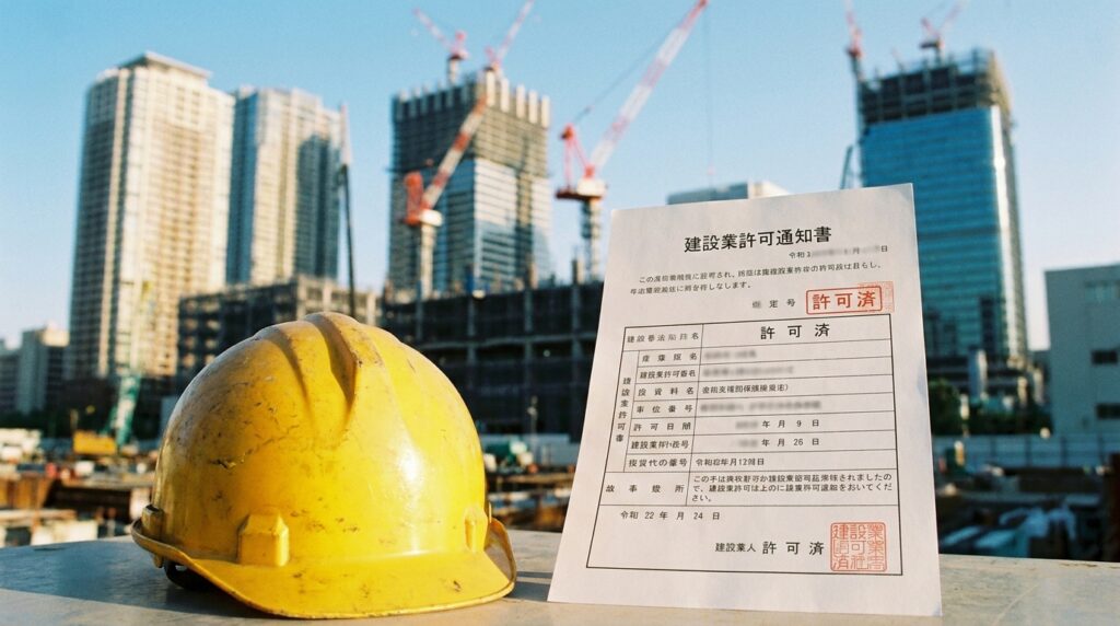 Yellow safety helmet on a railing at a construction site with tall buildings under construction in the background.