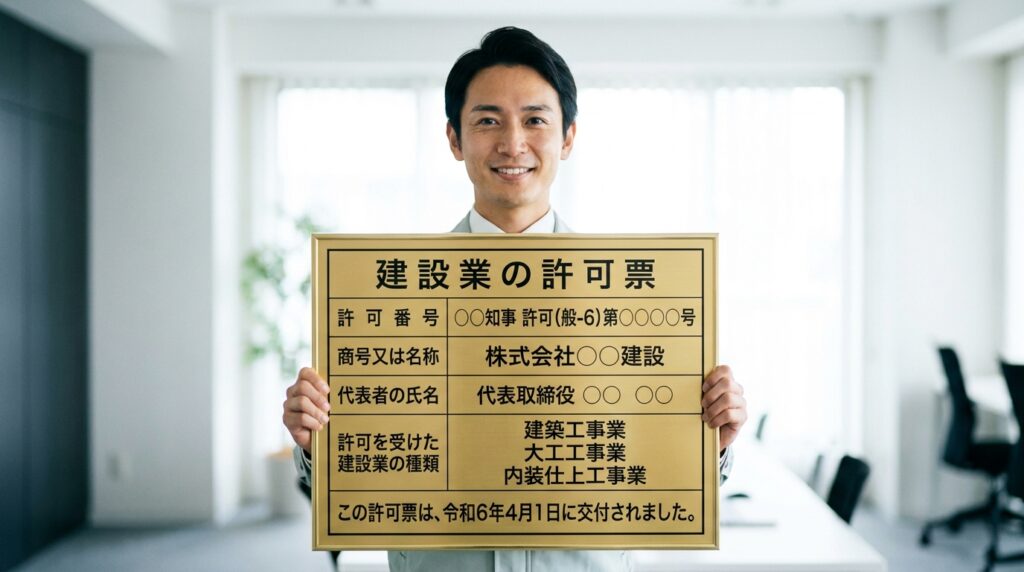 Smiling man in an office holds a large gold construction permit plaque with Japanese text.