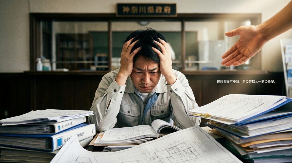 Man sits at a cluttered desk with open books and piles of papers, head in hands, as a hand reaches in from the right to offer help.