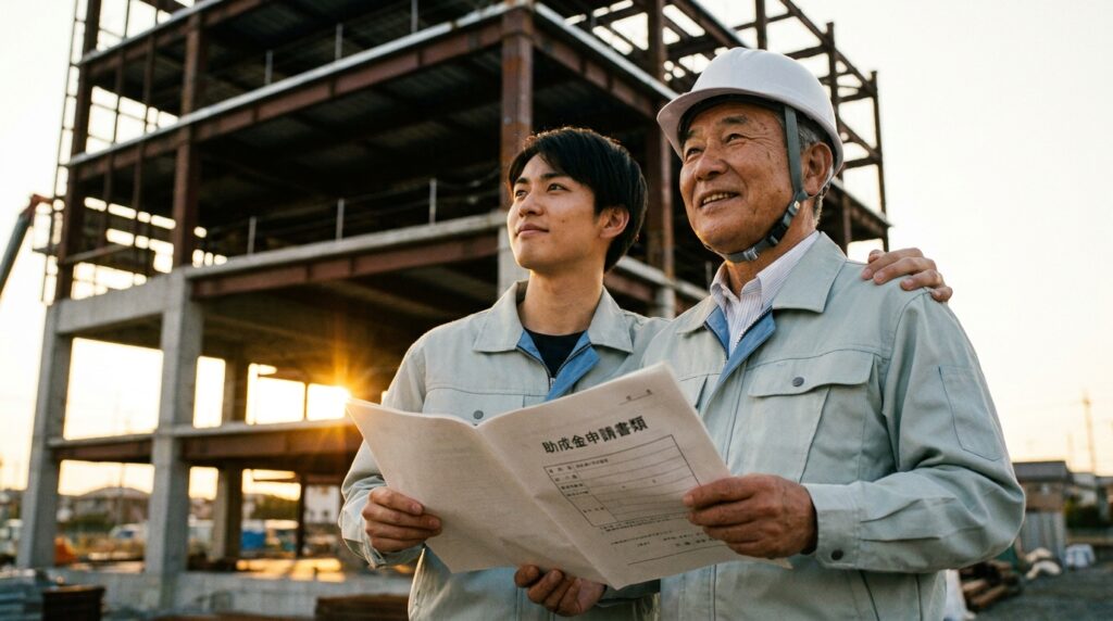 Two construction workers review a document at a building site during sunset; the older man in a white helmet has his arm around the younger colleague.