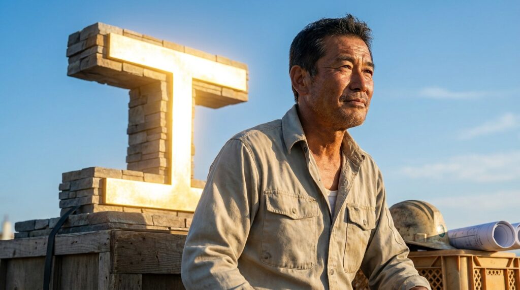 Construction worker resting beside a brick T‑shaped structure against a blue sky.