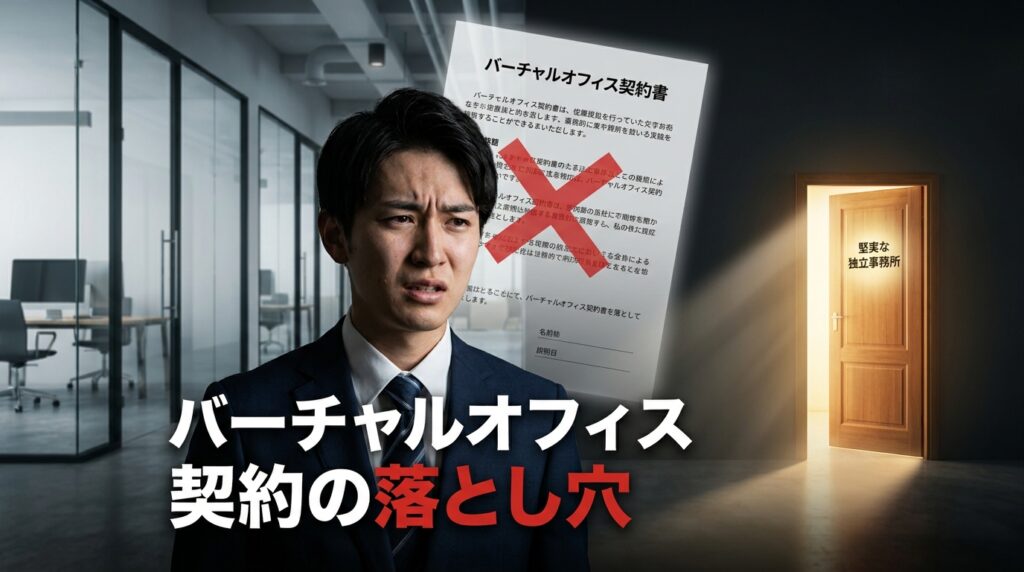 困惑した表情のビジネスマンが前景に、背後に赤い×印の契約書と光る独立事務所の扉があるオフィス風景。タイトルは『バーチャルオフィス契約の落とし穴』。