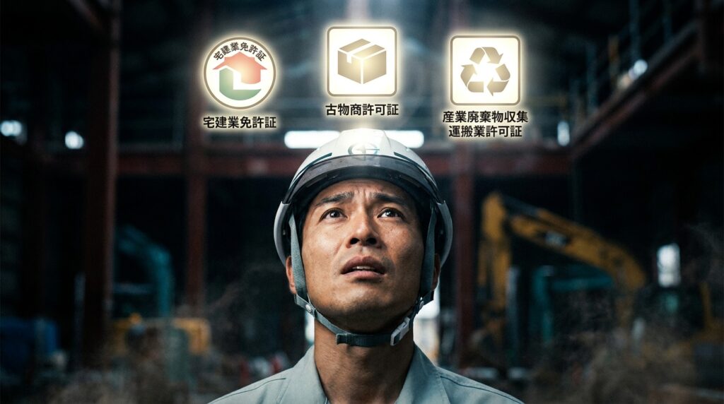 Construction worker in a hard hat looks up at glowing certification icons for real estate, second-hand dealer, and industrial waste permits balanced above him (informational image).