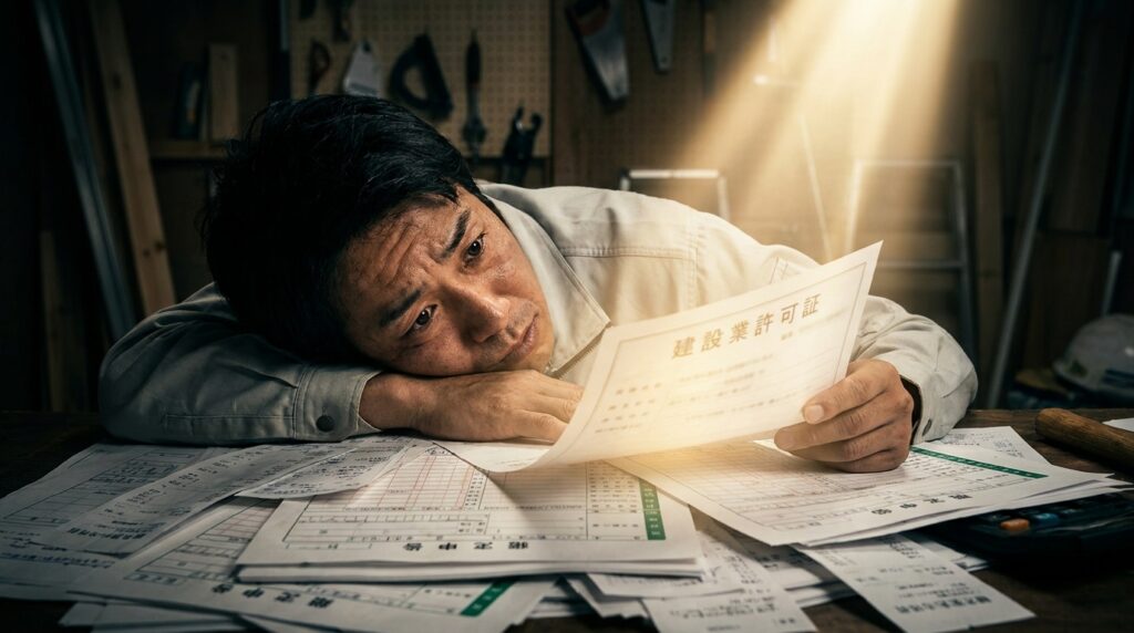 Tired man rests his head on a workbench while studying a stack of papers with Japanese text in a cluttered workshop.