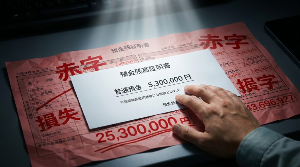 Person holds a white document over a red financial sheet with large numbers, signaling a loss or deficit in Japanese.