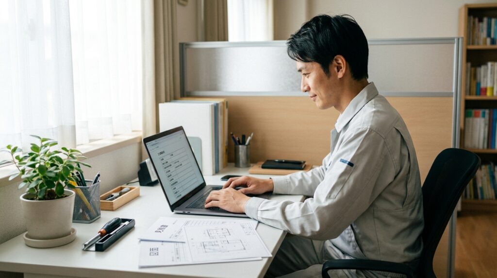 Man in a light gray shirt works on a laptop at a tidy home office desk with papers, a plant, and stationery nearby.