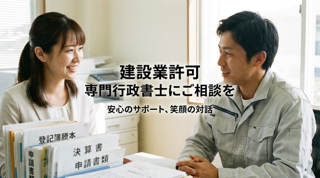 Smiling woman consultant and a man in work attire discuss construction licensing at a desk; bold Japanese headline overlays the scene.