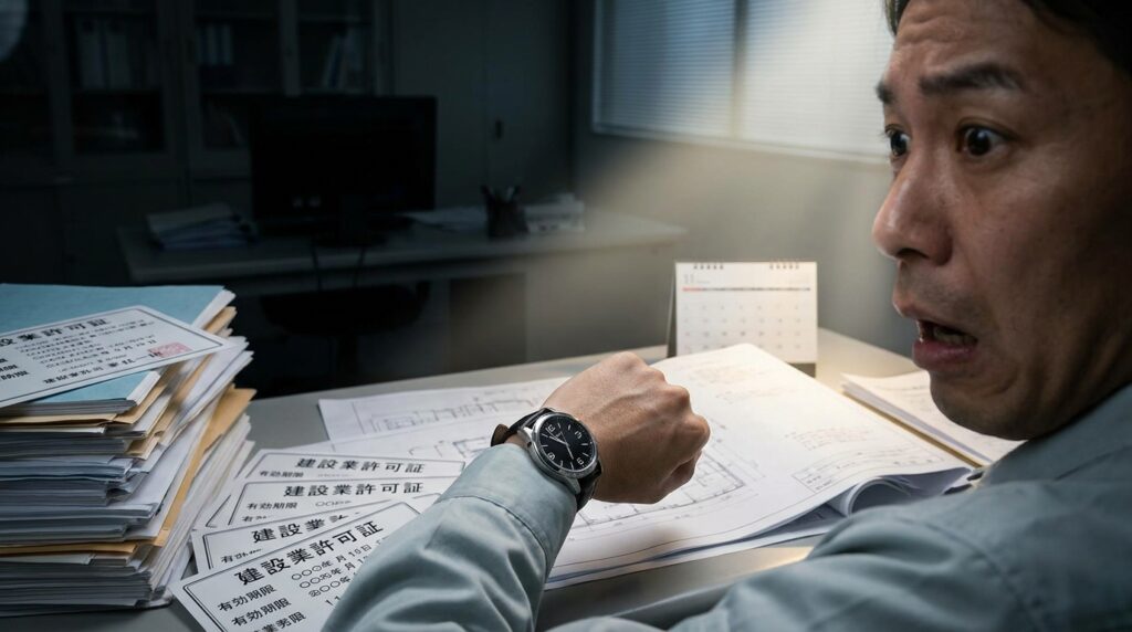 Man in a gray shirt glances at his wristwatch while reviewing blueprints and a stack of documents on a cluttered desk in an office setting.