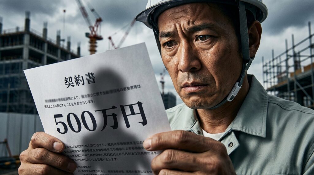 Construction worker in a helmet at a building site, reading a contract that shows 500万円 (five million yen).