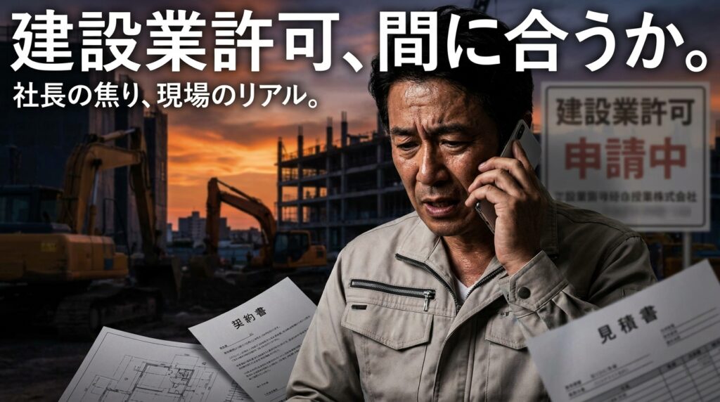 建設現場で電話をかける男性。前には見積書と契約書、背景に重機が並ぶ。建設業許可申請の急ぎを伝える場面。