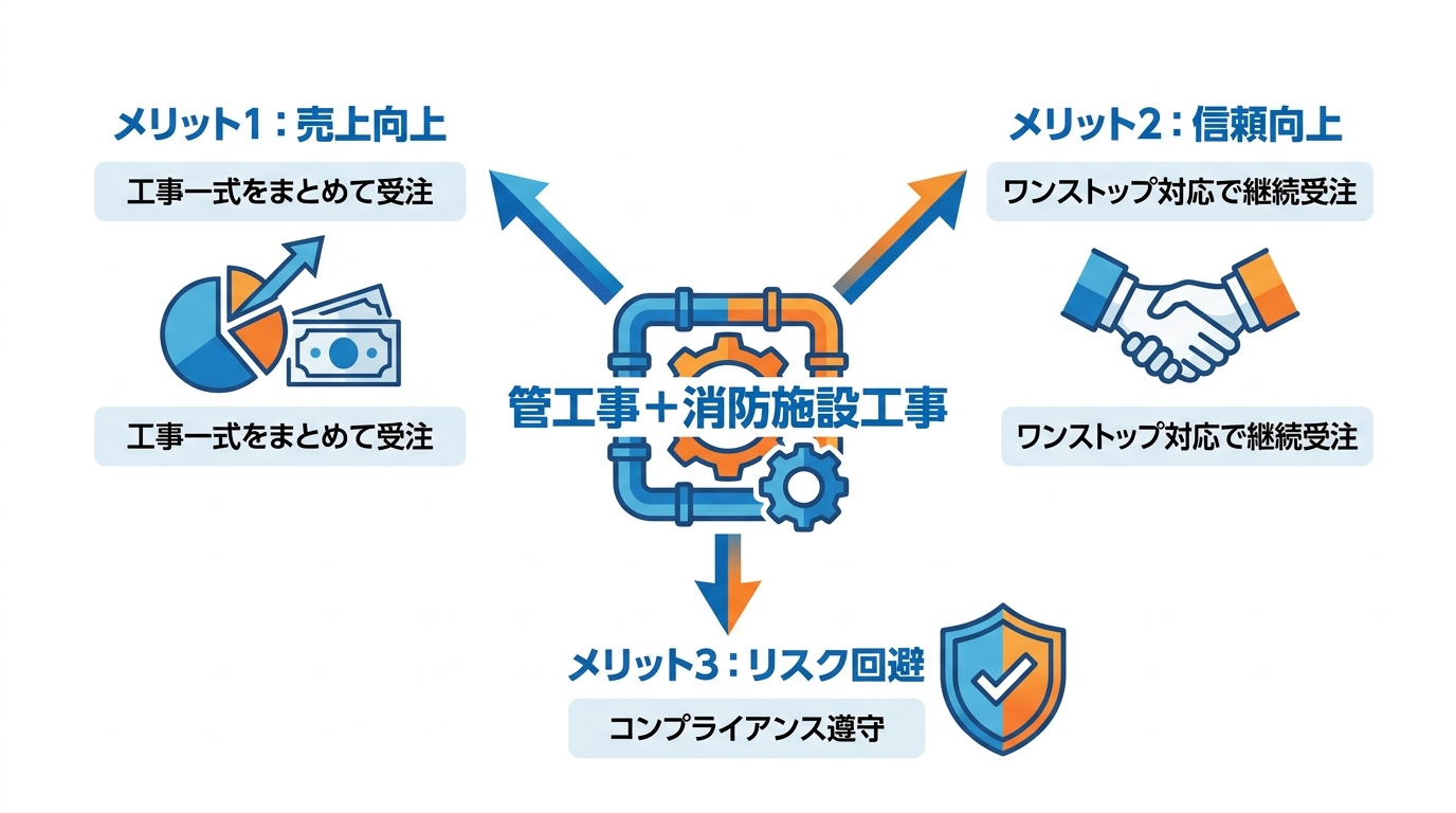 管工事に消防施設工事を追加する3つのメリットを示した図解。売上向上、信頼向上、リスク回避のアイコンが並んでいる。