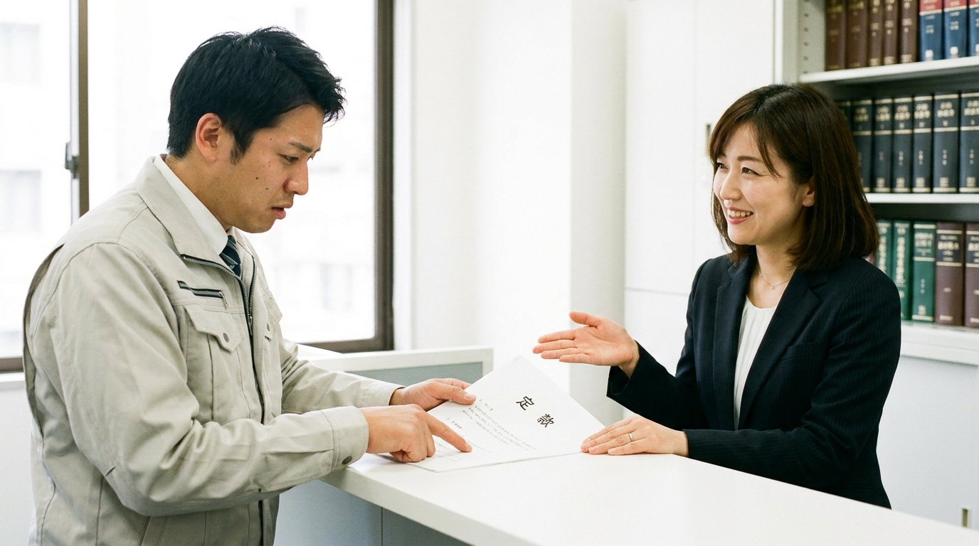 建設業許可のための定款について専門家に相談している男性。失敗例と成功例の分かれ道を示唆している。