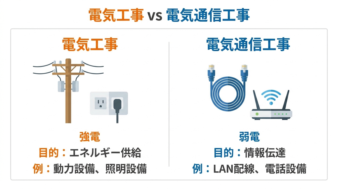電気工事と電気通信工事の違いを図解したインフォグラフィック。電気工事はエネルギー供給のための「強電」、電気通信工事は情報伝達のための「弱電」と示している。