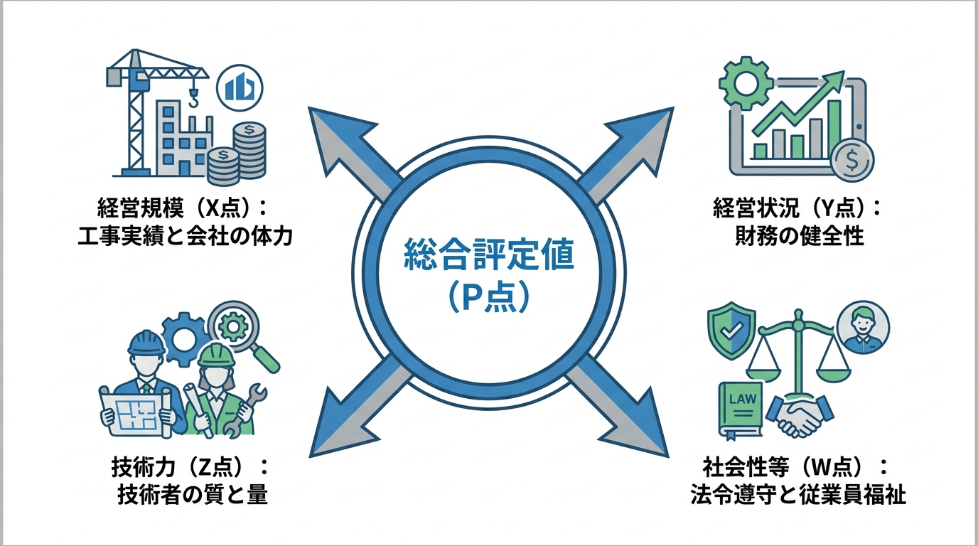 経営事項審査の総合評定値(P点)が、経営規模(X点)、経営状況(Y点)、技術力(Z点)、社会性等(W点)の4つの評価項目から構成されていることを示す図解。