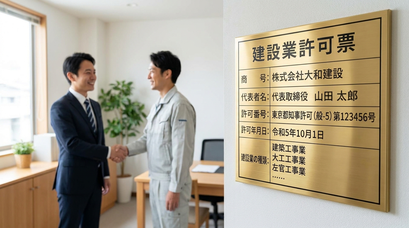 事務所の壁に掲げられた建設業許可票。企業の信頼性を示している。