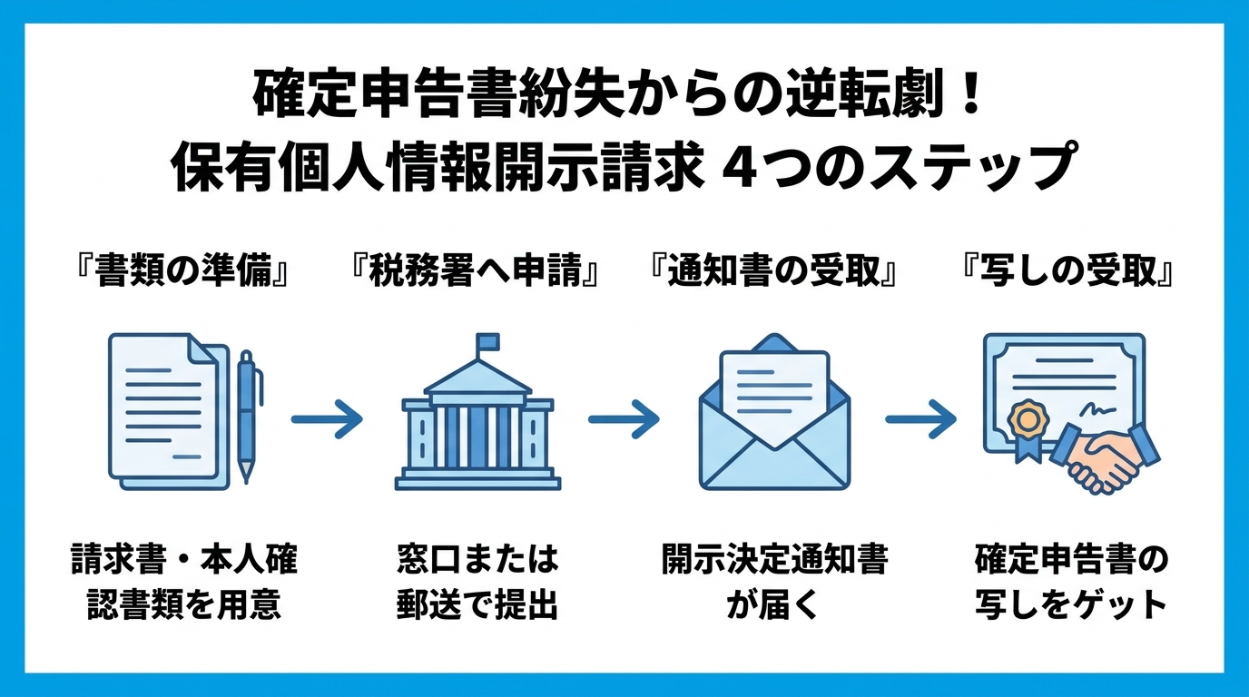 保有個人情報開示請求の4ステップを図解したインフォグラフィック。書類準備、税務署への申請、通知書受取、写しの受取という流れがアイコン付きで示されている。