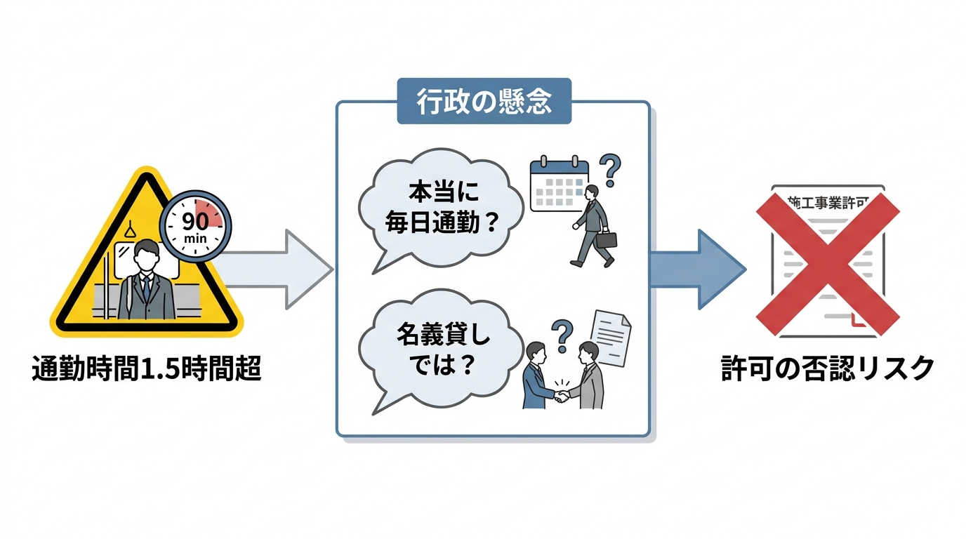 建設業許可の審査で通勤時間が長いと、行政から名義貸しを疑われ、許可が否認されるリスクがあることを示す図解。