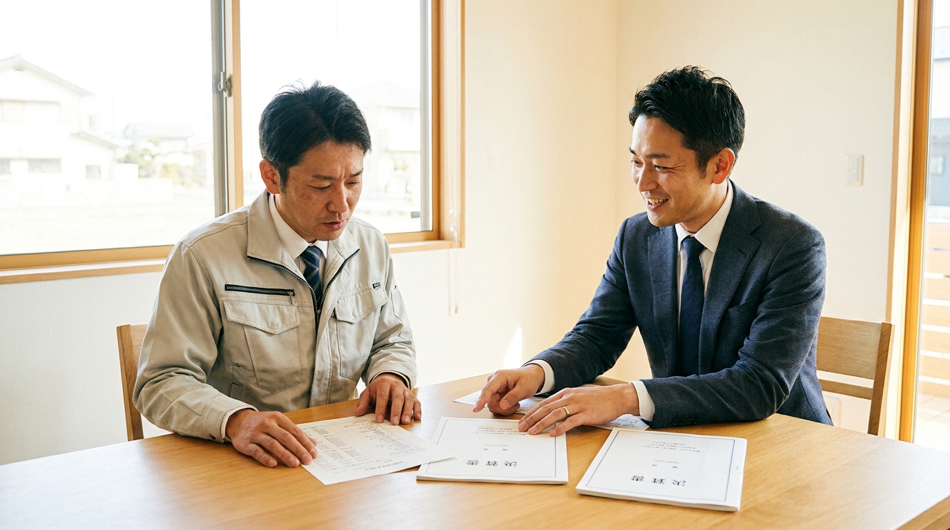 赤字決算で悩む建設業の経営者が、専門家のアドバイスを受けて安心した表情で相談している様子。