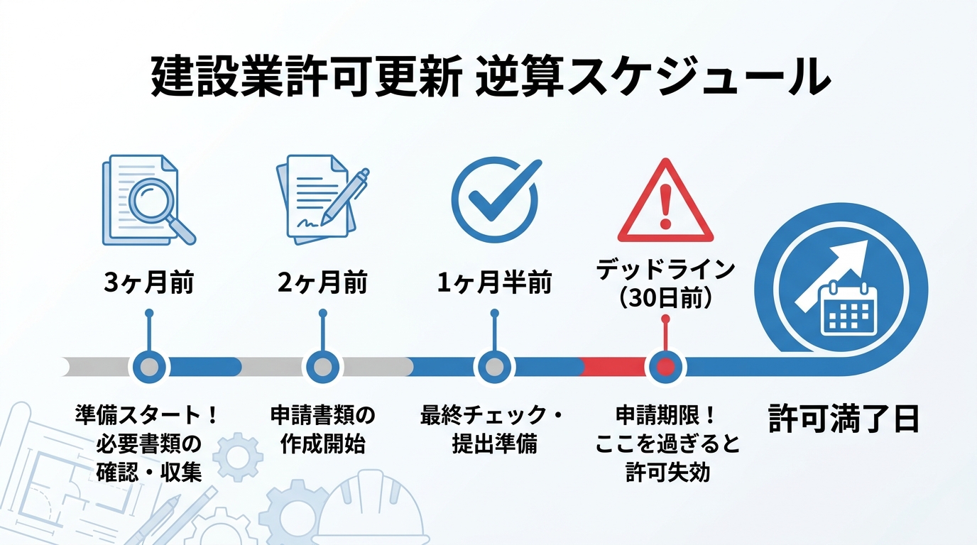 建設業許可の更新手続きを成功させるための理想的なスケジュールを示した図解。許可満了日の3ヶ月前から準備を開始し、30日前のデッドラインまでに申請を完了させる流れを視覚的に解説しています。
