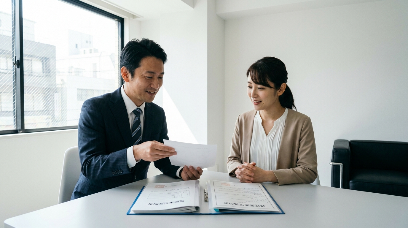 建設業許可の変更届の未提出について専門家に相談する会社の担当者。専門家からの説明を受け、安心した様子。