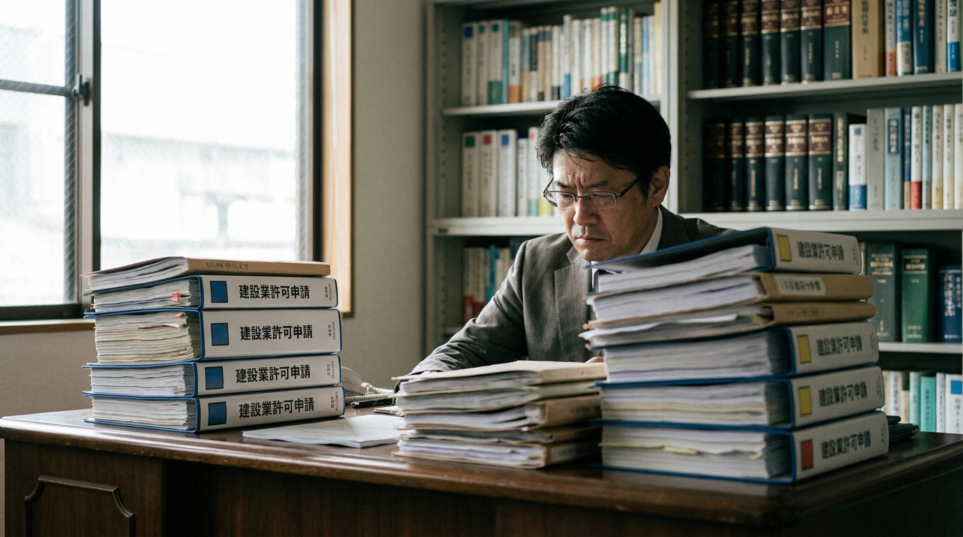 建設業許可申請の膨大な書類を前に、真剣な眼差しで業務に取り組む行政書士。