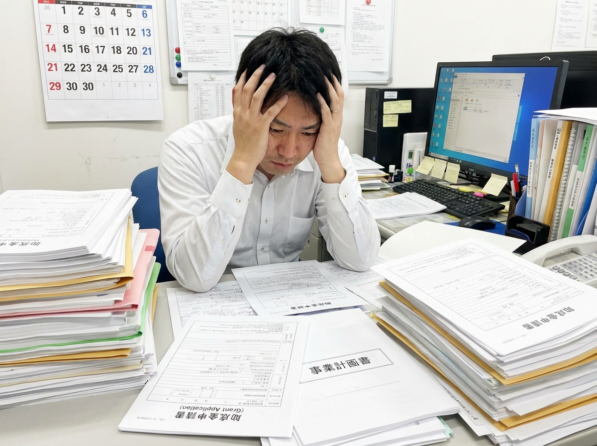 助成金の複雑な申請書類を前に、頭を抱えて悩んでいる中小企業の経営者。