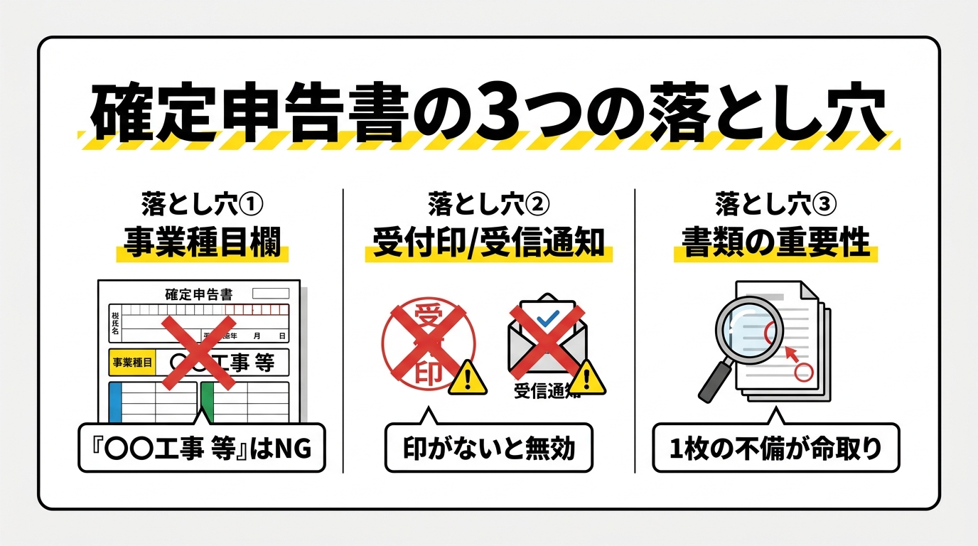 建設業許可の実務経験証明で確定申告書を使う際の3つの注意点。事業種目欄の記載、税務署の受付印や受信通知の有無、書類の重要性についての警告。