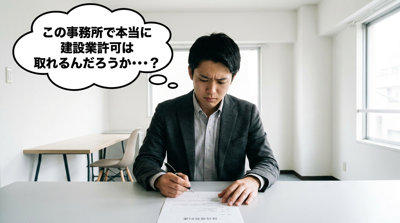 事務所の契約書を前に「この物件で建設業許可は取れるのか」と不安な表情を浮かべる起業家の男性。契約前の専門家への相談の重要性を示唆している。