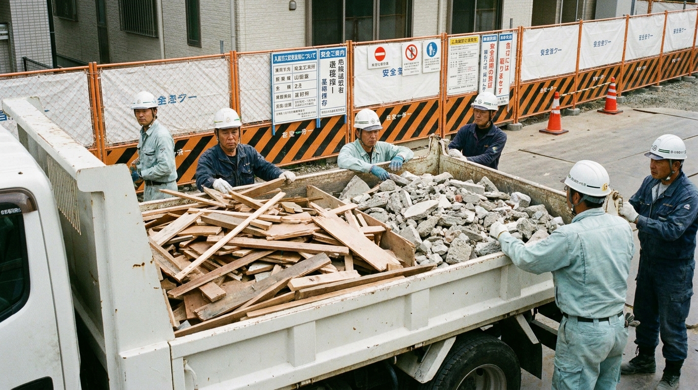 産業廃棄物収集運搬業の許可を得て、建設現場で適正に廃棄物を運搬している様子。コスト削減と迅速な対応を象徴している。