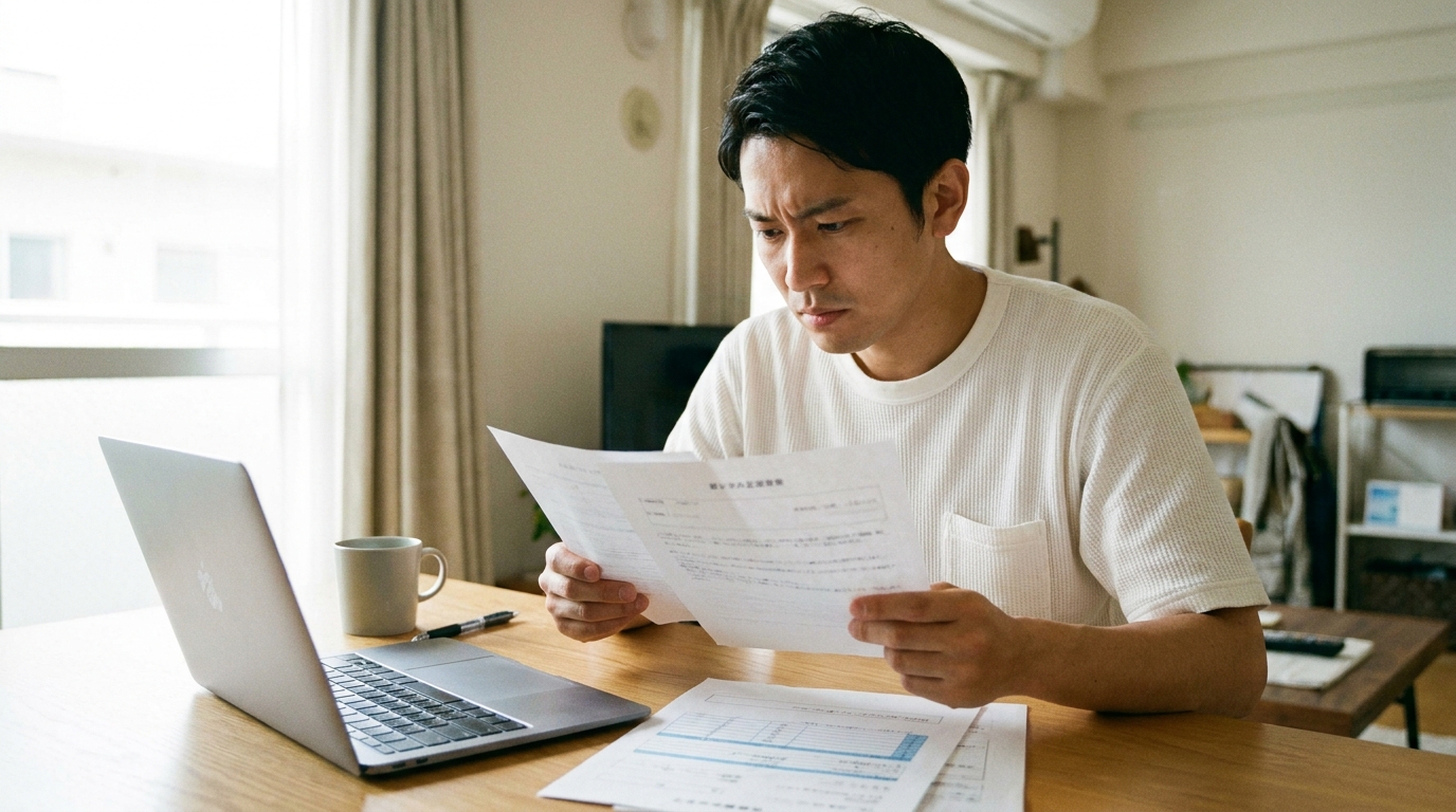 営業所の近くに借りたアパートで、建設業許可の常勤性を証明するために賃貸借契約書や公共料金の明細を確認している男性。