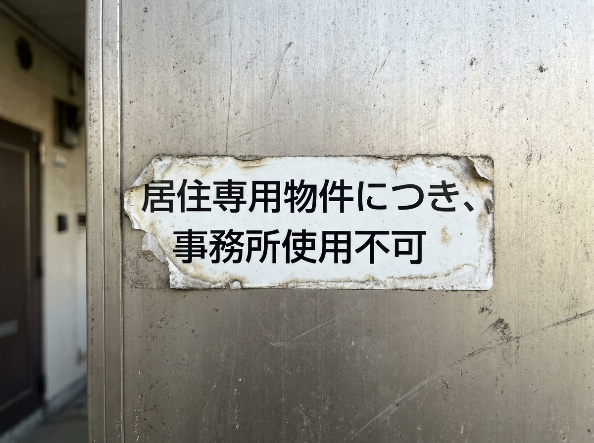 賃貸物件のドアに貼られた「居住専用」の注意書き。事業用使用には大家の承諾が必要であることを示唆している。