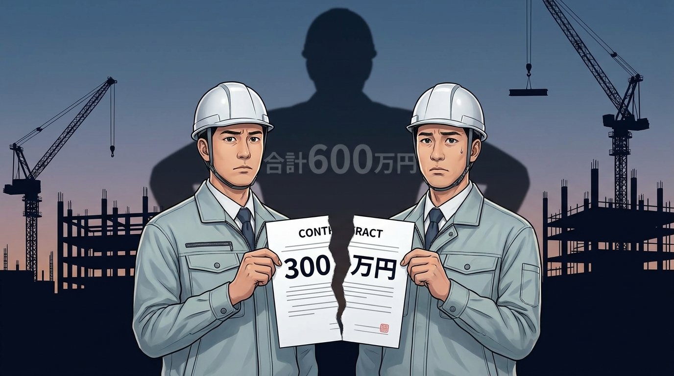 分割発注の罠を象徴するイラスト。2つの300万円の契約書が、実態は一つの600万円の工事であることを示している。