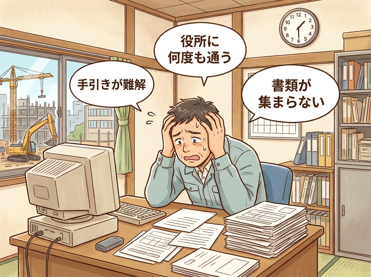 自力で建設業許可申請に挑戦し、難解な書類を前に頭を抱える建設会社の社長。