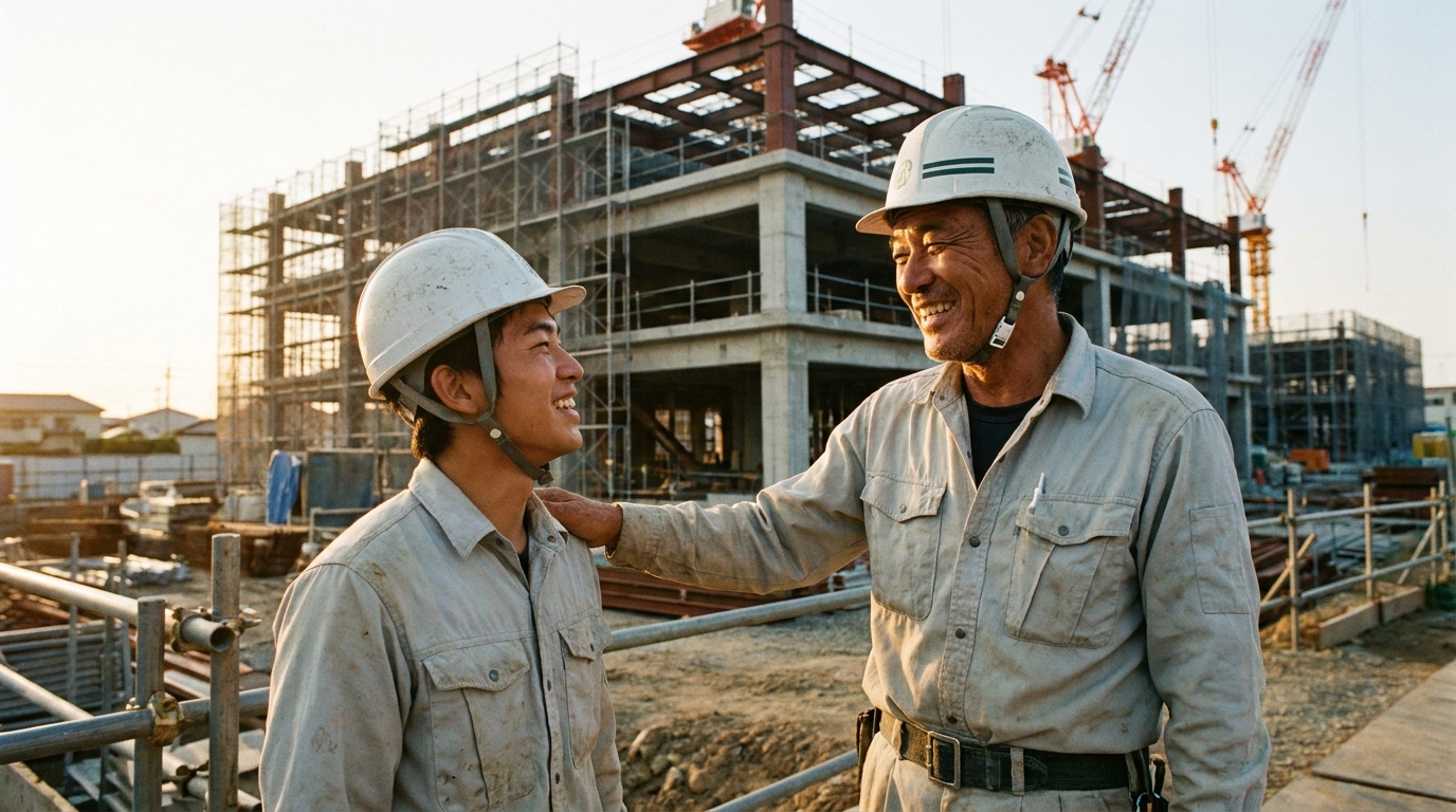 建設現場で笑顔で話すベテランと若手の作業員。技術承継がうまくいっている様子。
