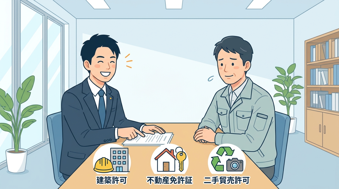 司法書士・行政書士・社会保険労務士のワンストップサービスにより、建設業の経営者が安心して事業拡大の相談をしているイラスト。