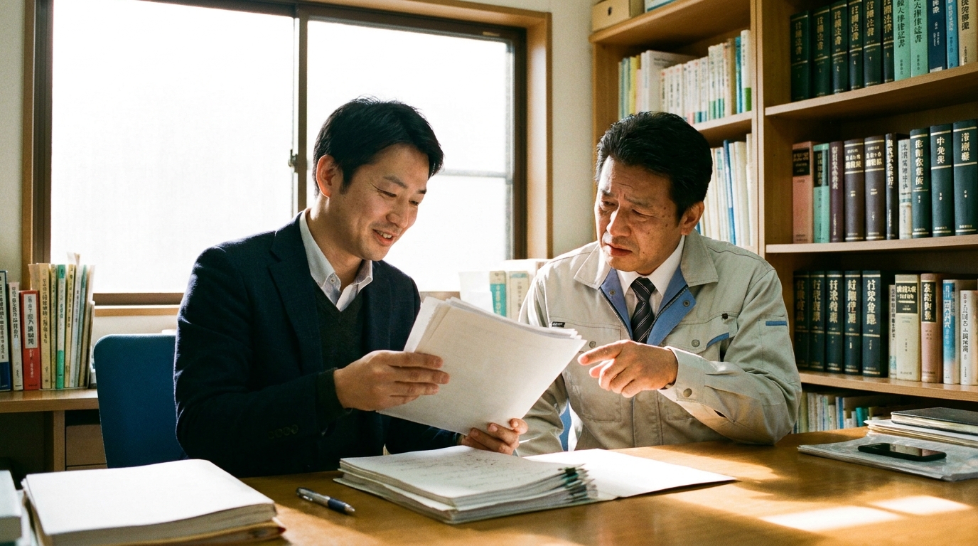 建設業許可の書類準備に悩む社長に、専門家である行政書士が解決策を提案し、安心させている相談風景。