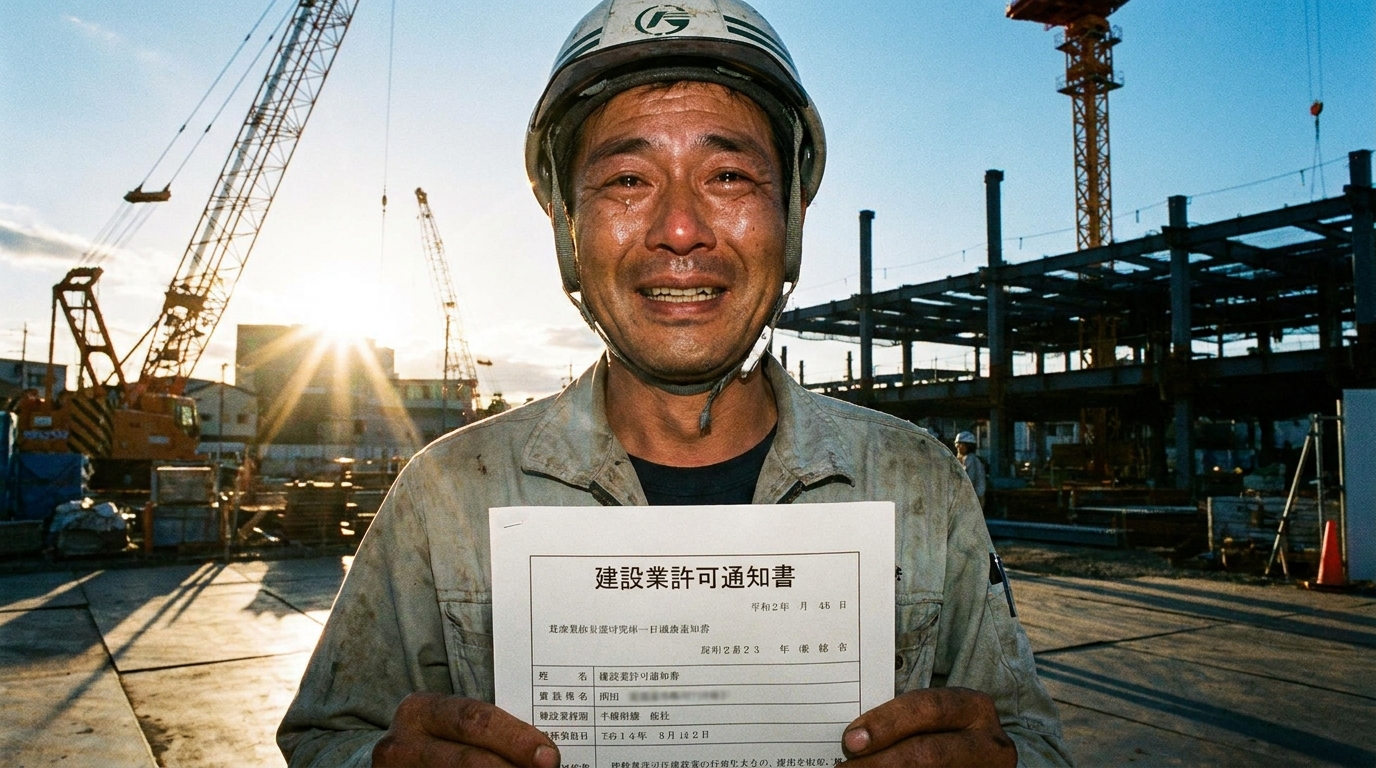 無事に建設業許可を取得し、許可通知書を手に喜ぶ建設業の男性。