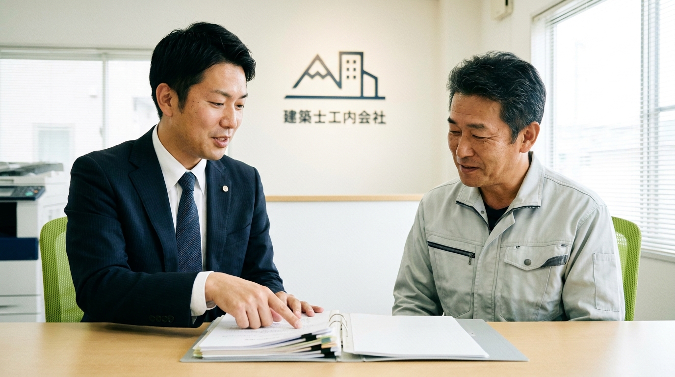 行政書士に相談し、建設業許可取得までの具体的なスケジュール説明を受け、安心した表情を浮かべる建設会社の社長。