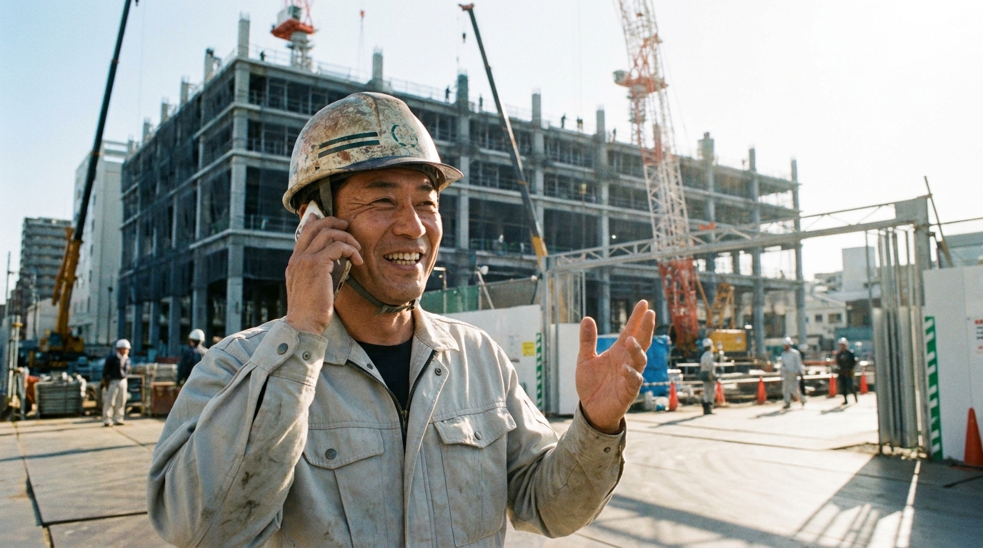 建設業許可を無事に取得し、現場で順調に仕事を進める建設業者。専門家への依頼が合理的であることを象徴している。