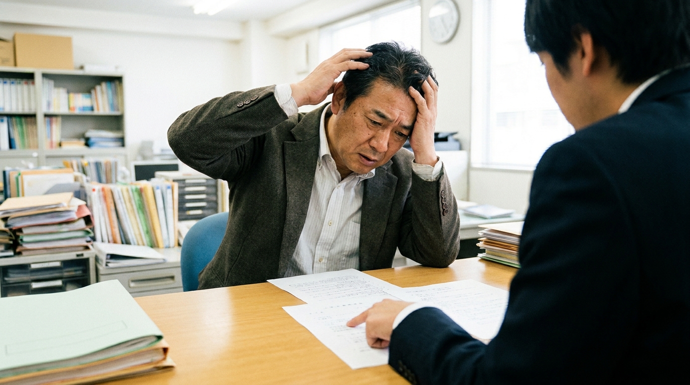 経営事項審査の窓口で、工事経歴書の不備を指摘されて困惑する建設業の経営者