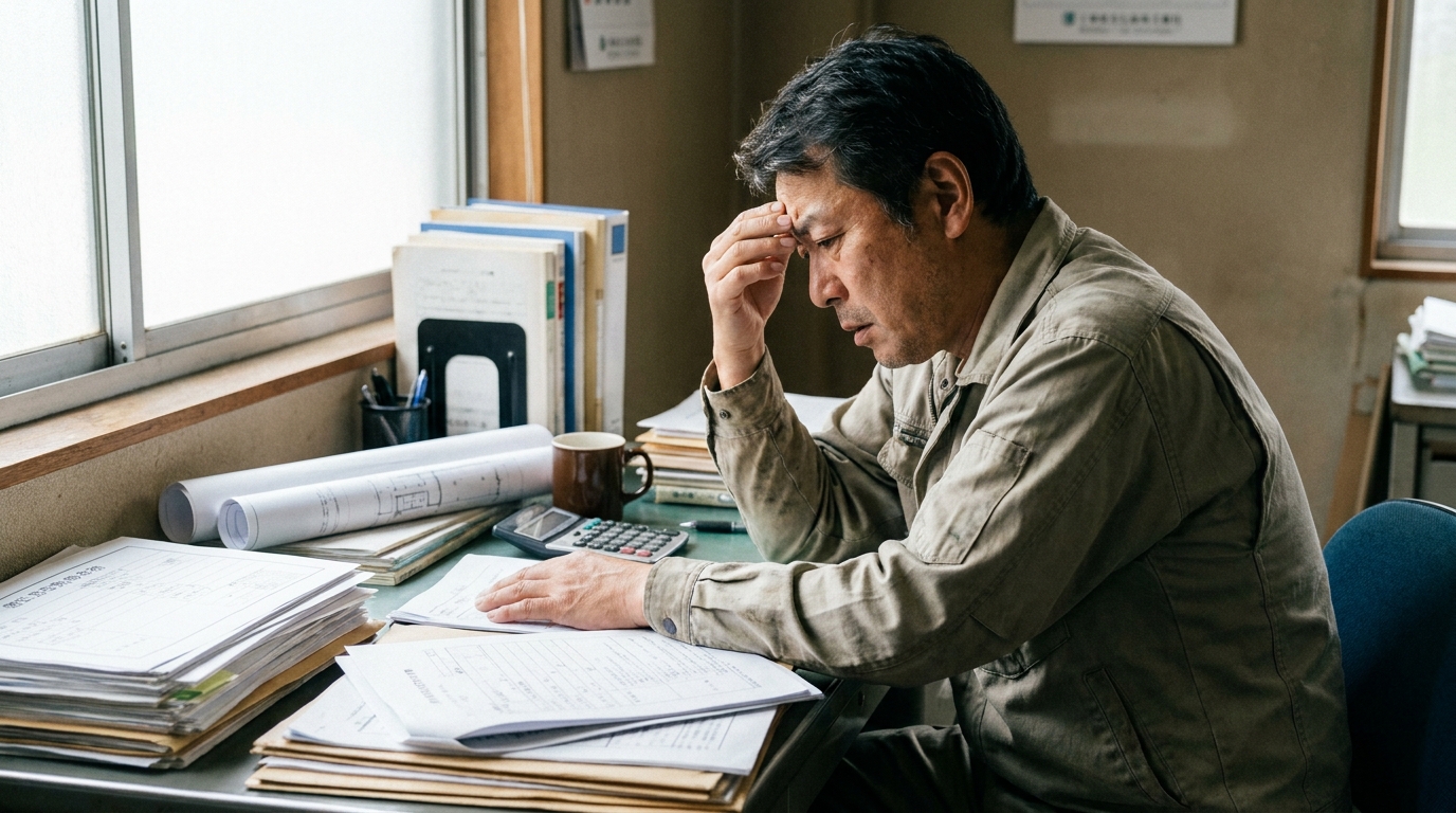 建設業許可申請の書類を前に、どう証明すれば良いか悩んでいるリフォーム工事業の男性事業主。