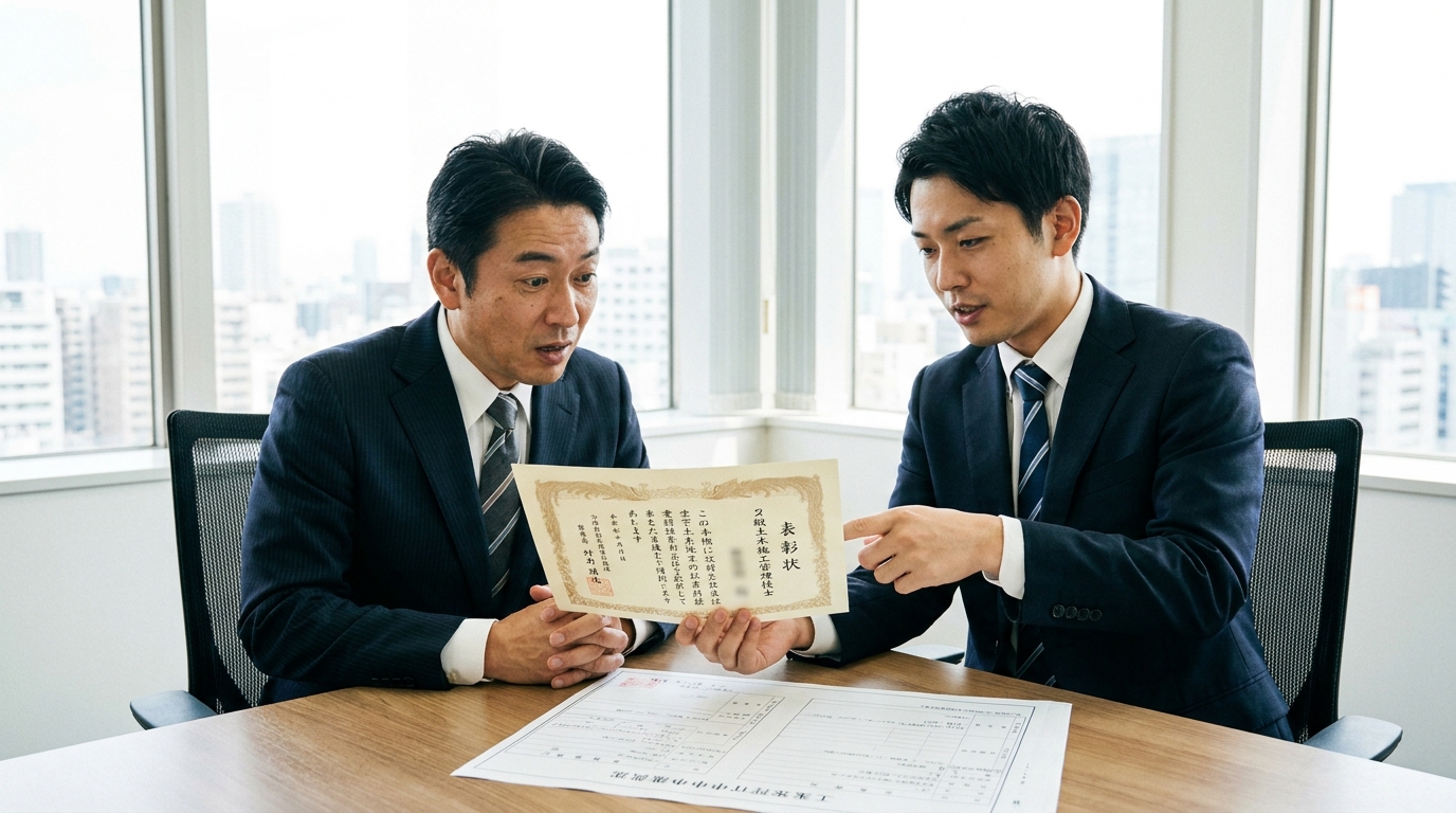 建設業許可の専門家が、2級土木施工管理技士の資格証を元に、経営者に複数業種同時取得のメリットを説明している相談風景。