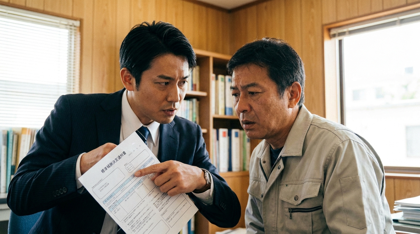 建設業許可の専門家が、標準報酬決定通知書を見ながら常勤性の問題点を経営者に説明している相談風景。