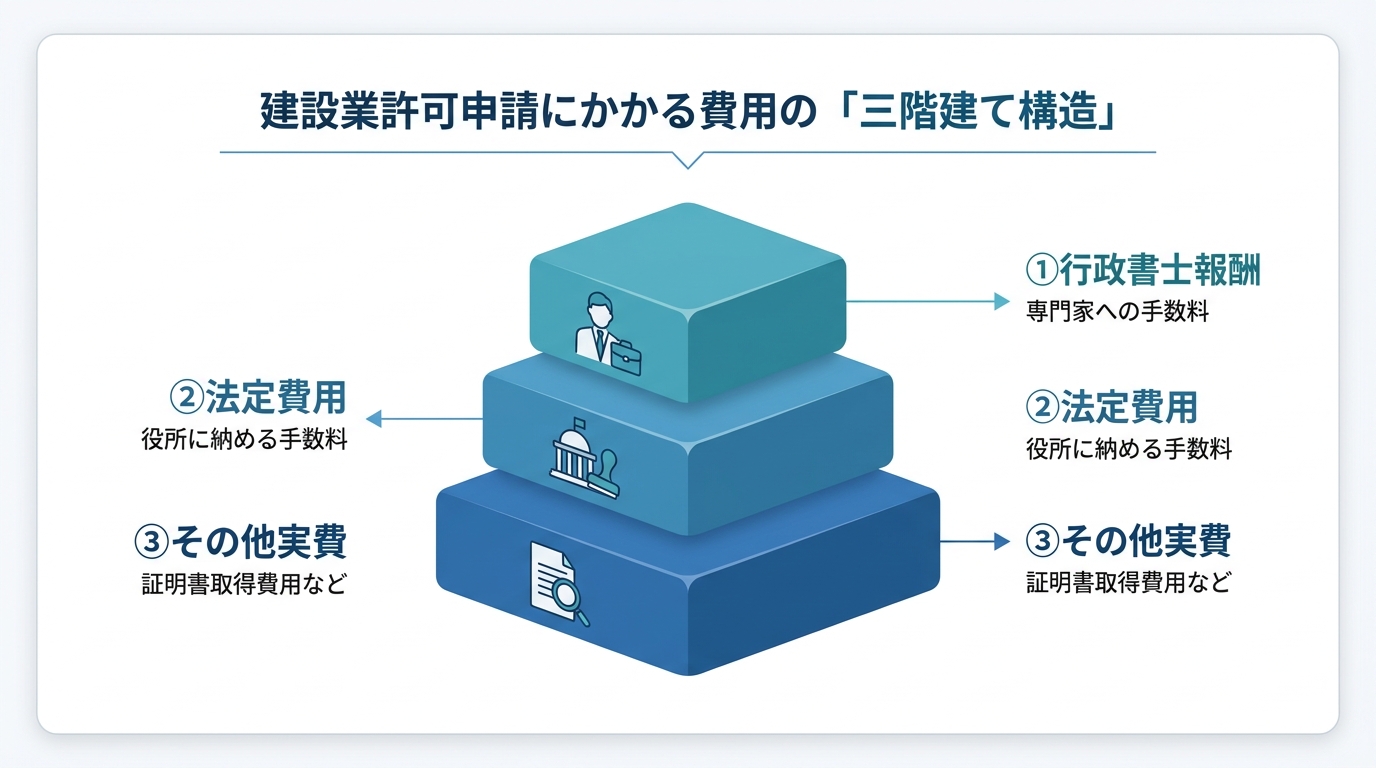 建設業許可申請にかかる費用の三階建て構造を示した図解。下から順に「その他実費」「法定費用」「行政書士報酬」と積み重なっており、それぞれの簡単な説明が記載されている。