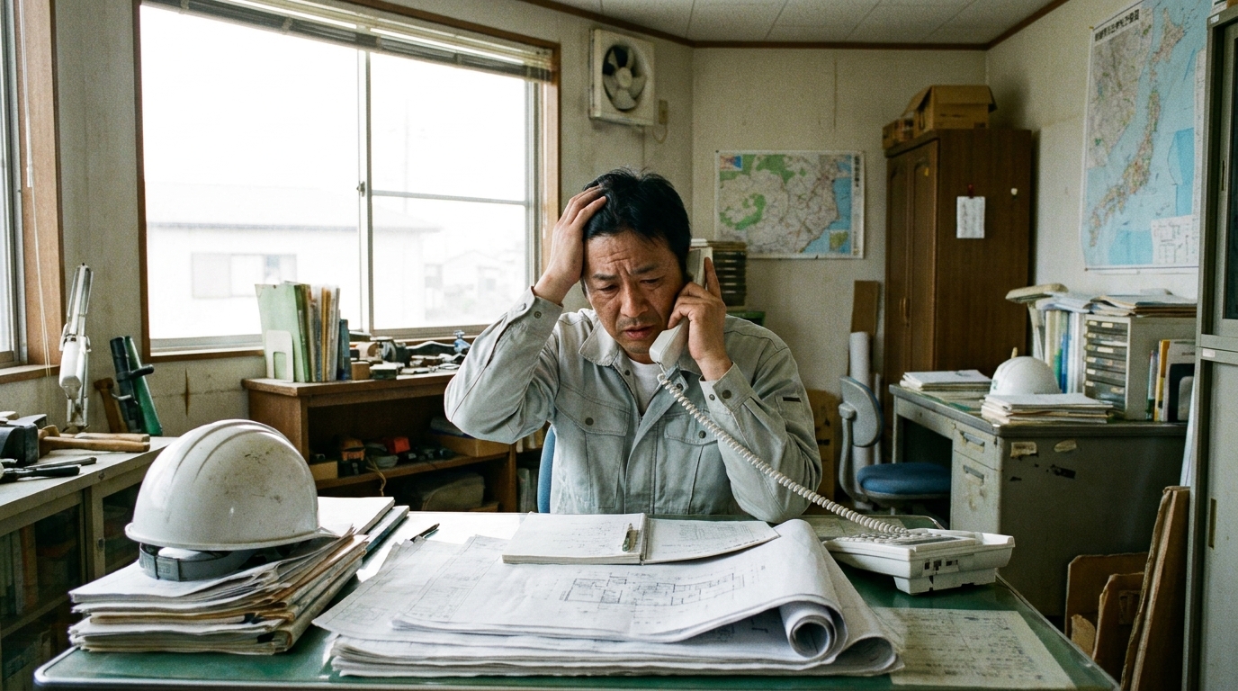 建設業許可の電話相談で悩む経営者。机の上の書類が複雑さを示唆している。